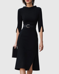 Elegant Collection | Black Midi Dress with Tailored Waist for Effortless Sophistication