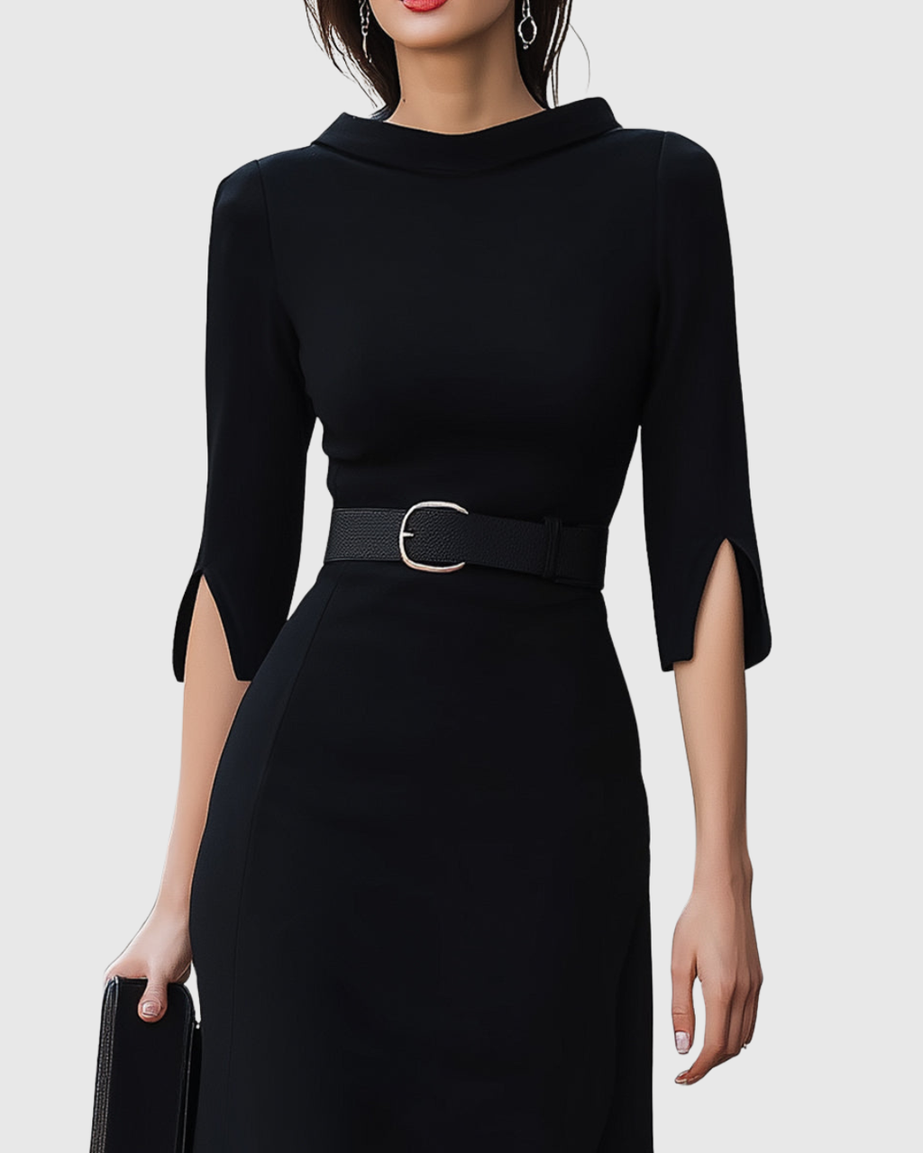 Elegant Collection | Black Midi Dress with Tailored Waist for Effortless Sophistication