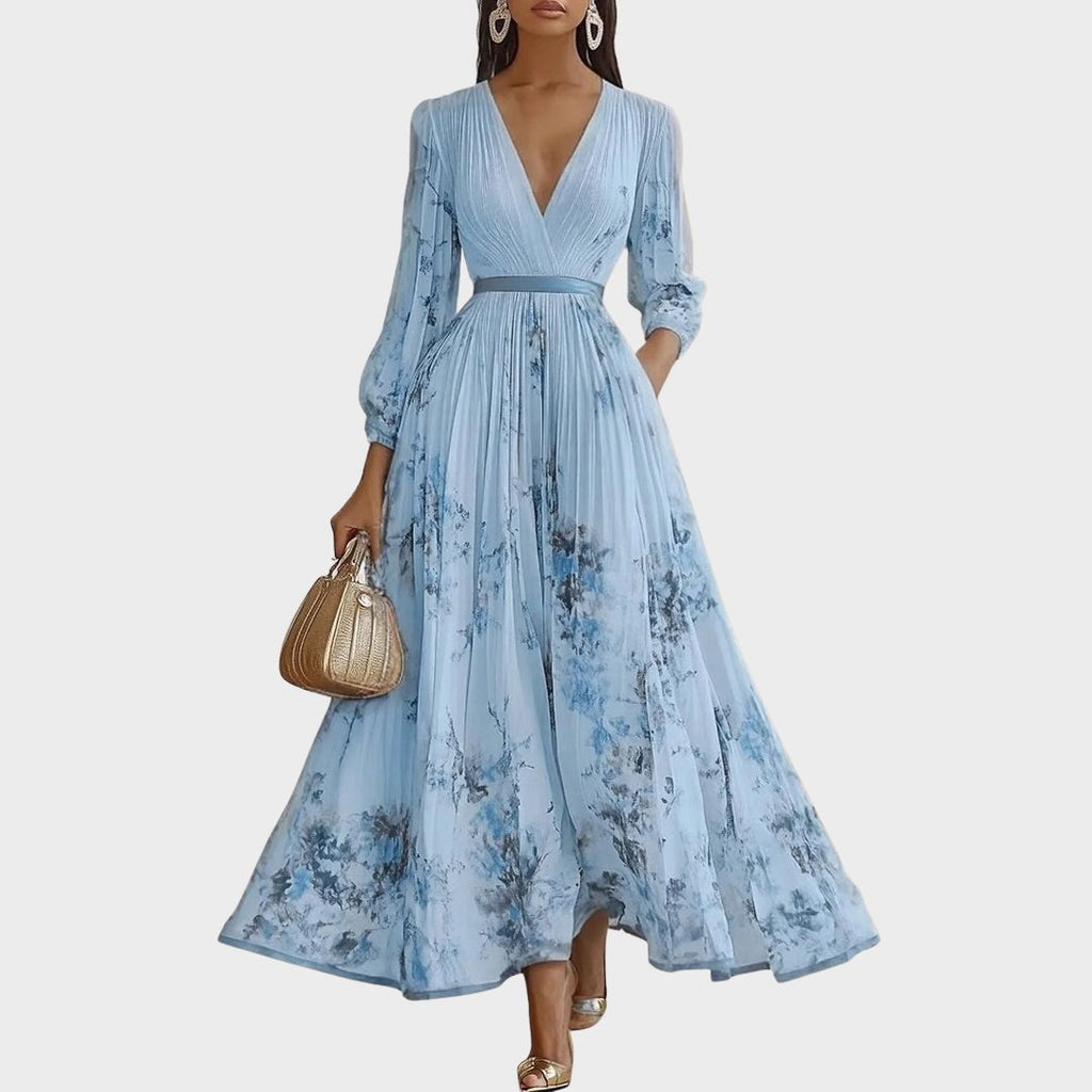 Elegant Collection | Floral Maxi Dress with Long Sleeves & Ribbon Tie | Flattering Fit for Graceful Movement