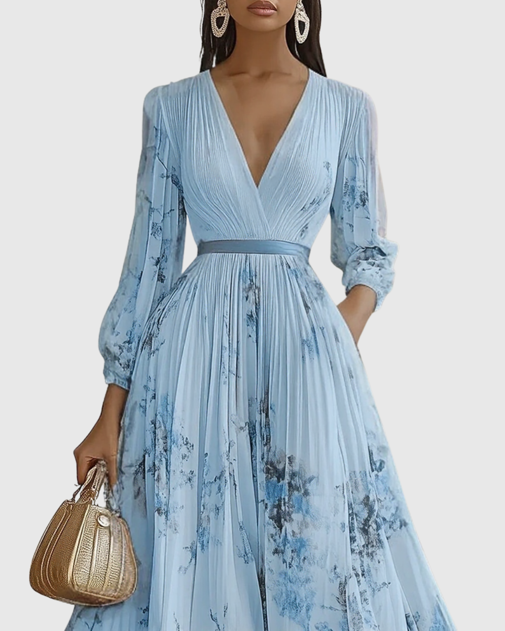Elegant Collection | Floral Maxi Dress with Long Sleeves & Ribbon Tie | Flattering Fit for Graceful Movement