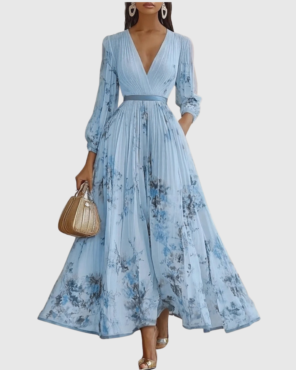 Elegant Collection | Floral Maxi Dress with Long Sleeves & Ribbon Tie | Flattering Fit for Graceful Movement