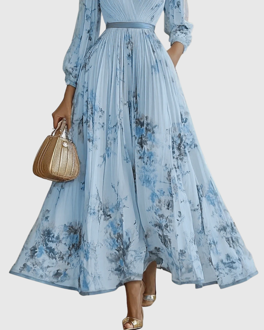 Elegant Collection | Floral Maxi Dress with Long Sleeves & Ribbon Tie | Flattering Fit for Graceful Movement