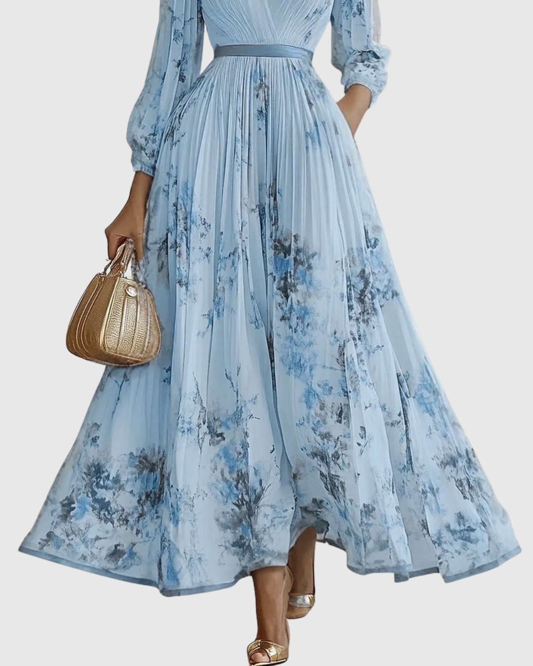 Elegant Collection | Floral Maxi Dress with Long Sleeves & Ribbon Tie | Flattering Fit for Graceful Movement
