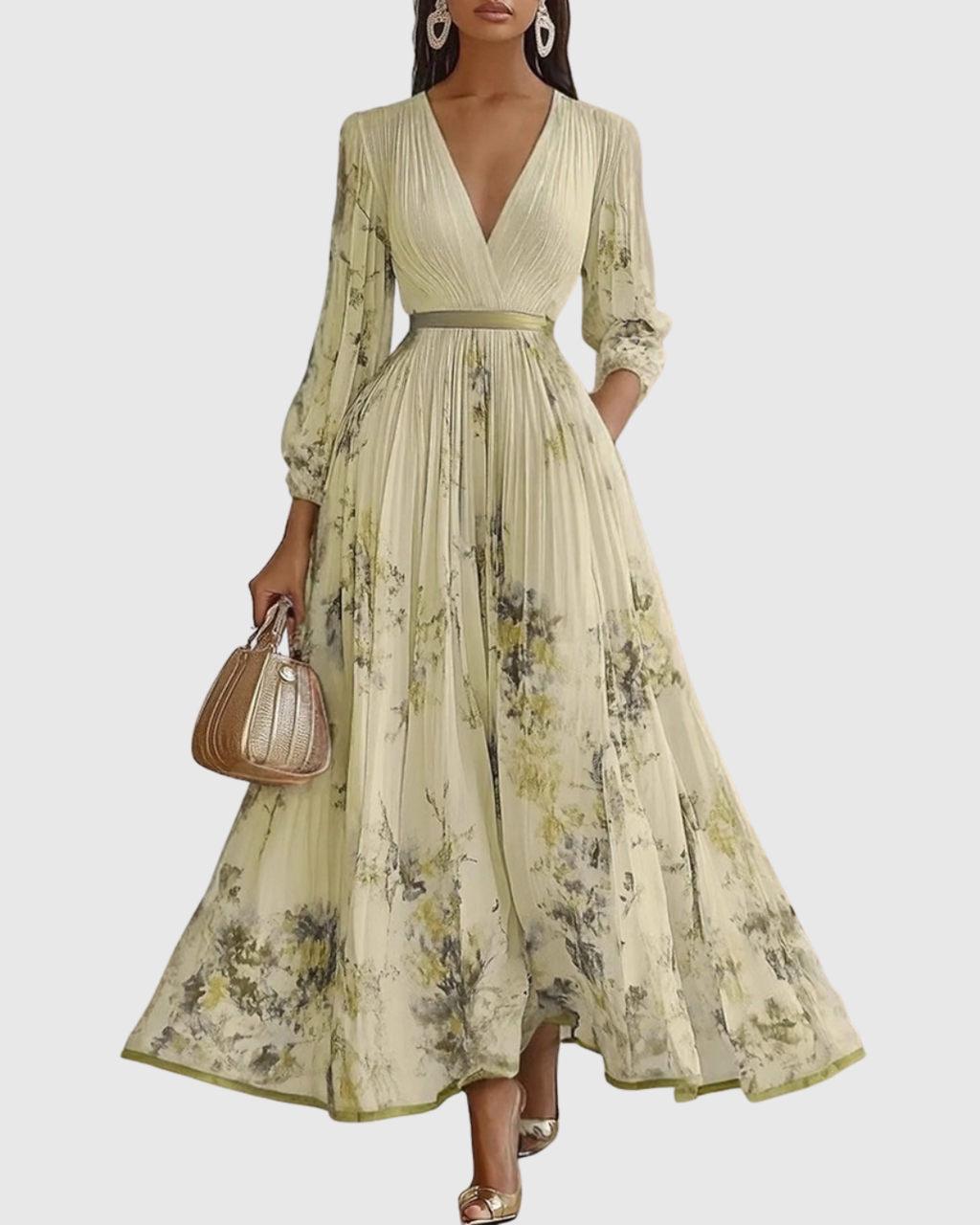 Elegant Collection | Floral Maxi Dress with Long Sleeves & Ribbon Tie | Flattering Fit for Graceful Movement