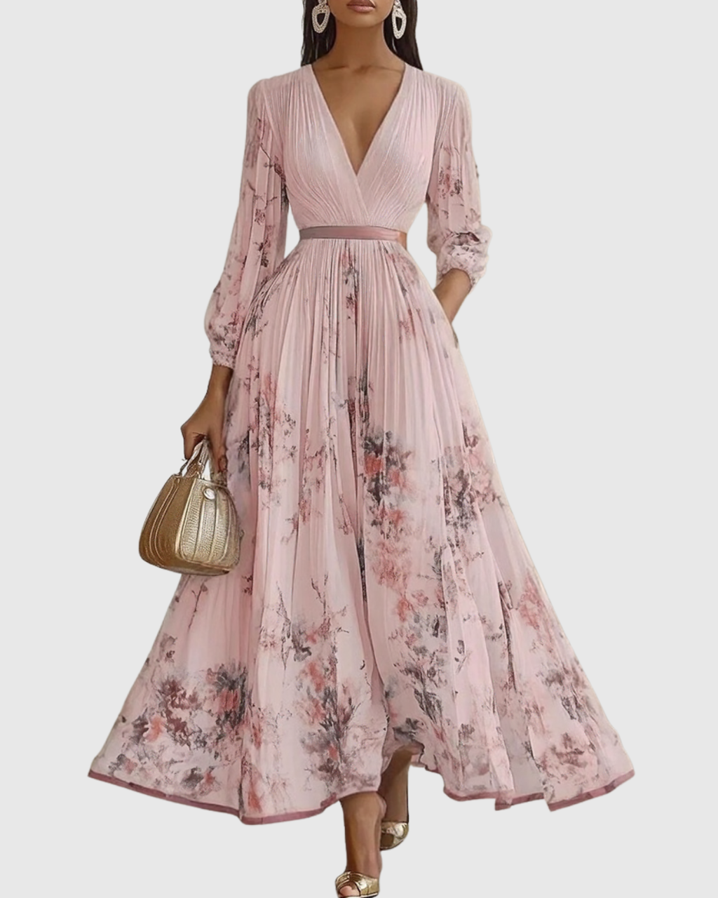 Elegant Collection | Floral Maxi Dress with Long Sleeves & Ribbon Tie | Flattering Fit for Graceful Movement