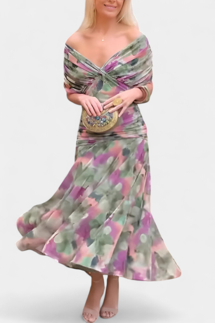 Eryzziah | Women's Floral Wedding Guest Dress with V-Neckline & Pleated Waist | Flattering Fit for Summer Events