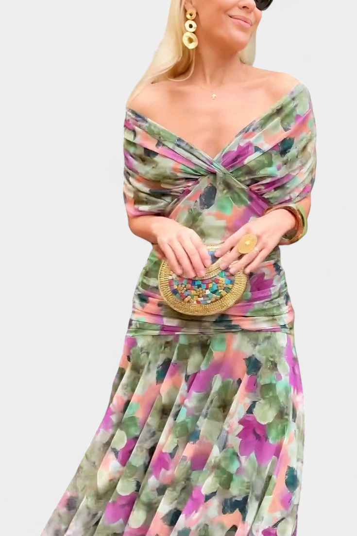 Eryzziah | Women's Floral Wedding Guest Dress with V-Neckline & Pleated Waist | Flattering Fit for Summer Events