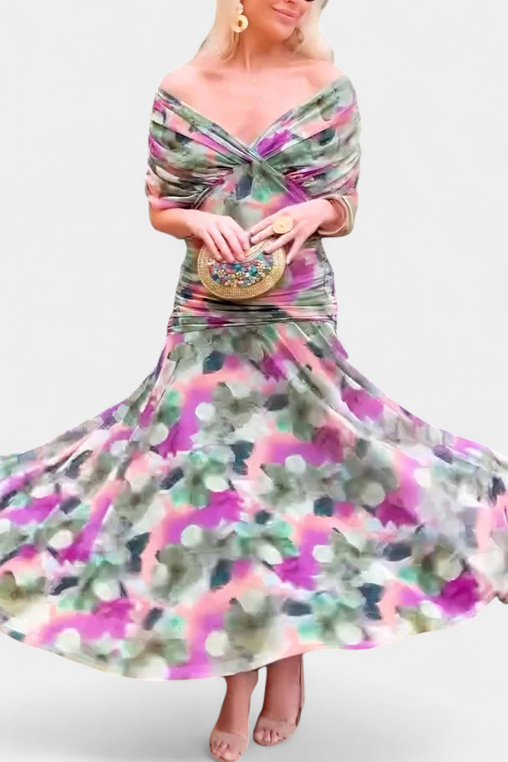 Eryzziah | Women's Floral Wedding Guest Dress with V-Neckline & Pleated Waist | Flattering Fit for Summer Events