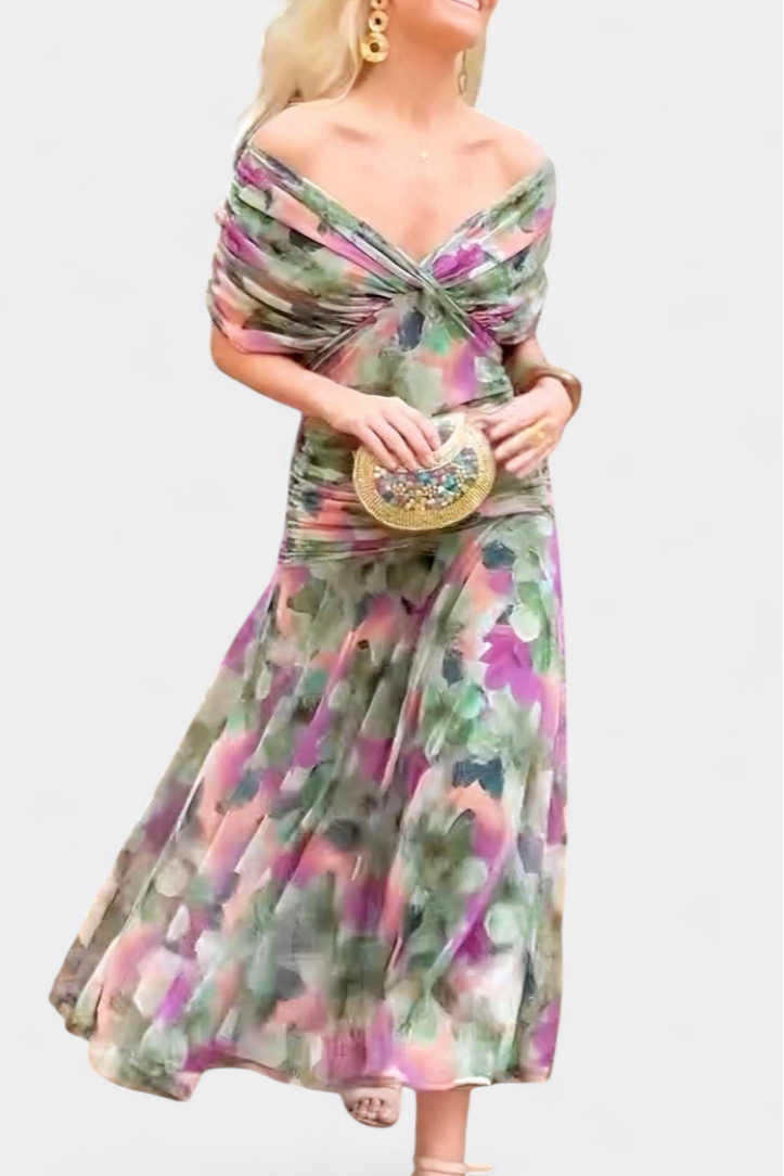 Eryzziah | Women's Floral Wedding Guest Dress with V-Neckline & Pleated Waist | Flattering Fit for Summer Events