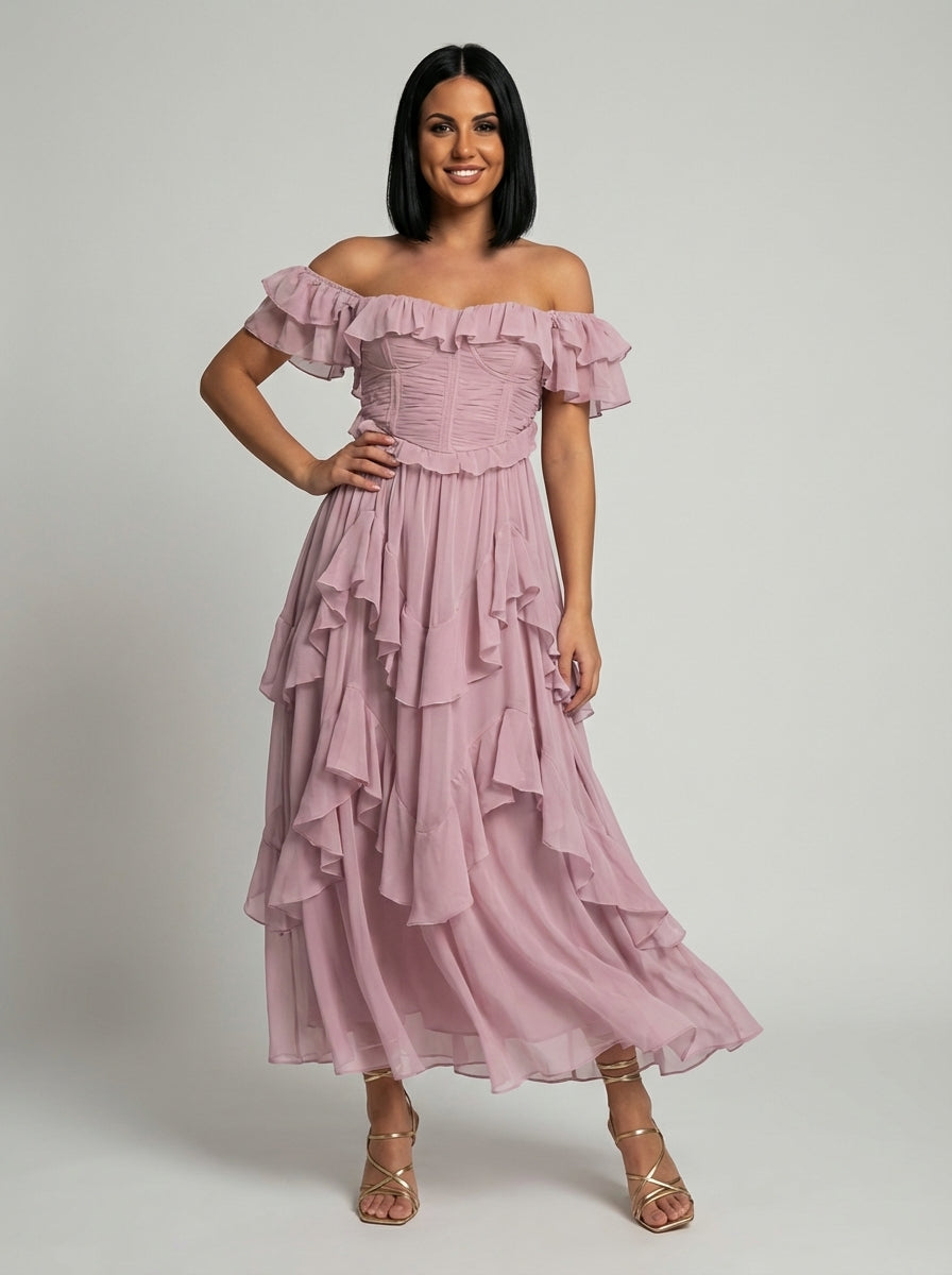 Madison | Women’s Off Shoulder Ruffle Corset Midi Dress