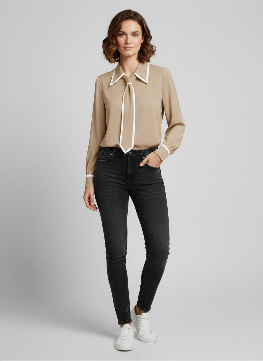 Andrea | Women’s Contrast Tie Long Sleeve Blouse