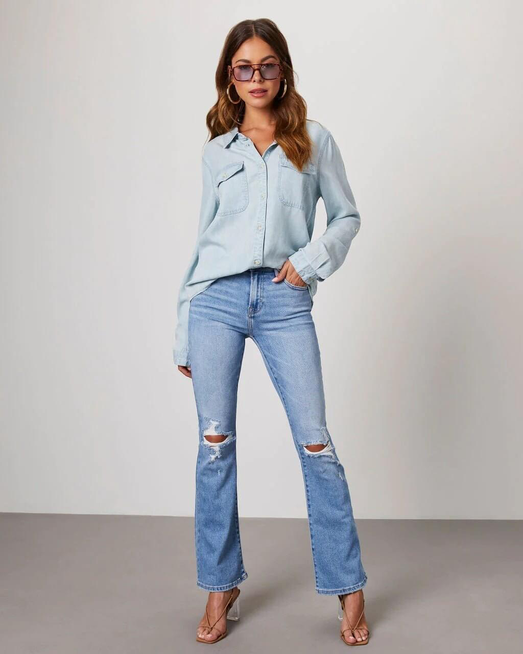 Deedee | Women's Button Pocket Long Sleeve Denim Shirt