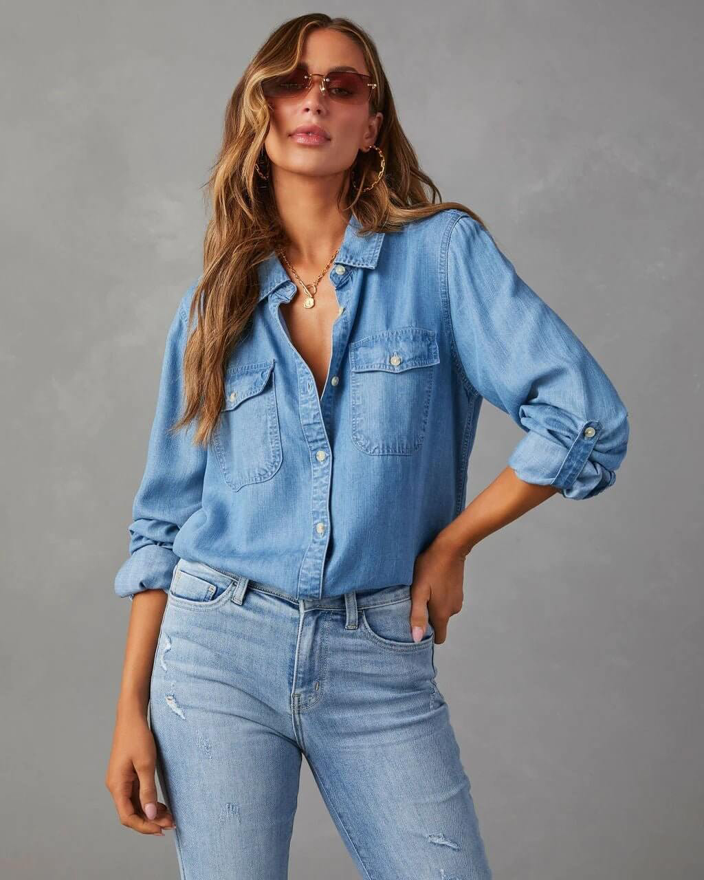 Deedee | Women's Button Pocket Long Sleeve Denim Shirt