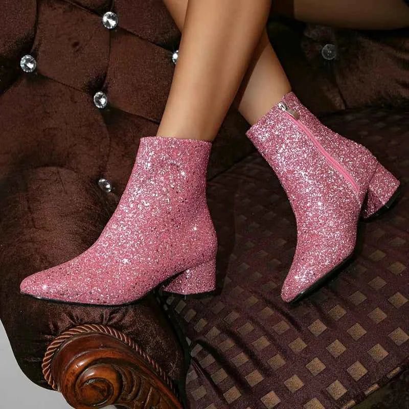 Lia | Glitter Block Heel Ankle Boots with Side Zip