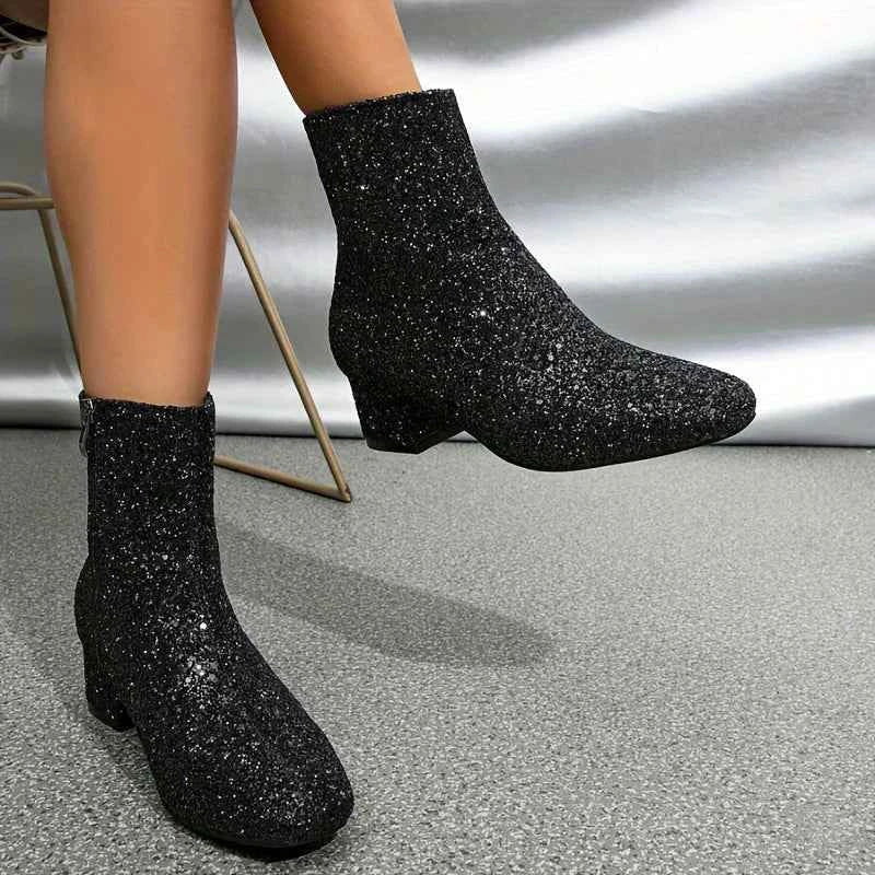 Lia | Glitter Block Heel Ankle Boots with Side Zip